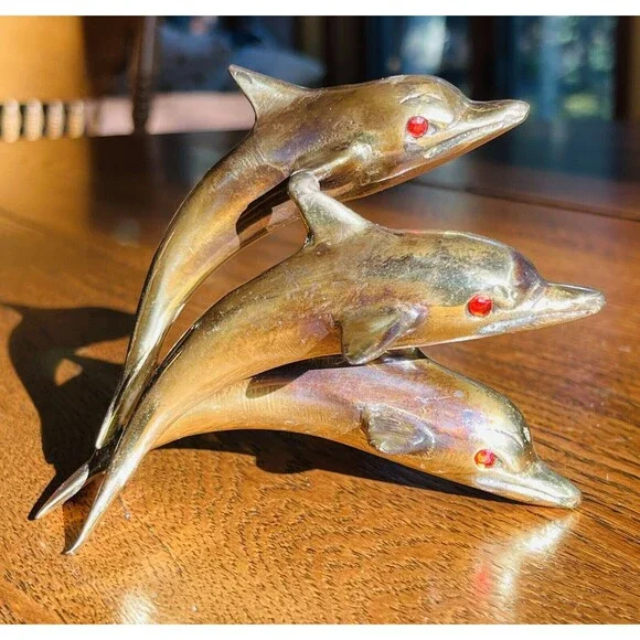 VTG Brass Swimming Jumping Three Dolphins Figurine Sculpture Statue 3.5” Marine - Picture 6 of 11